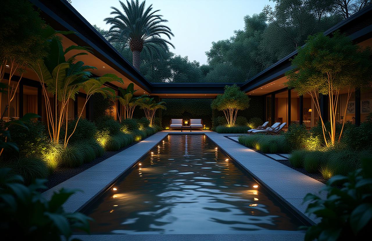 A stunning, modern garden designed by Onyx Bloom, featuring a serene water feature and lush tropical plants at twilight.