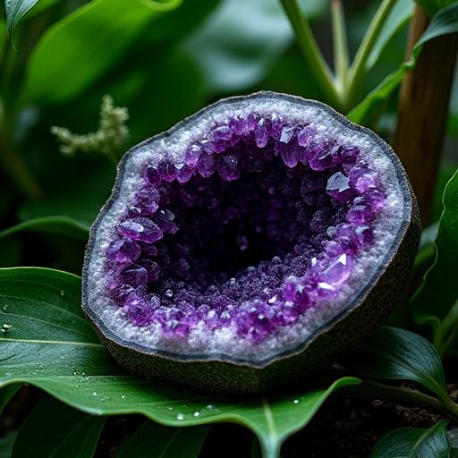 A large, stunning amethyst geode placed as a focal point in a lush garden.