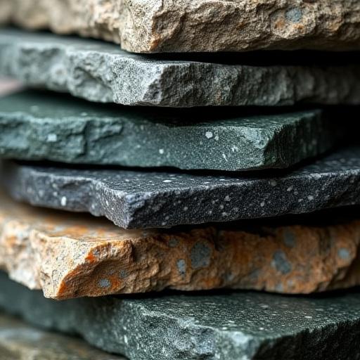 A close-up of various stacked natural stone slabs including granite and slate.