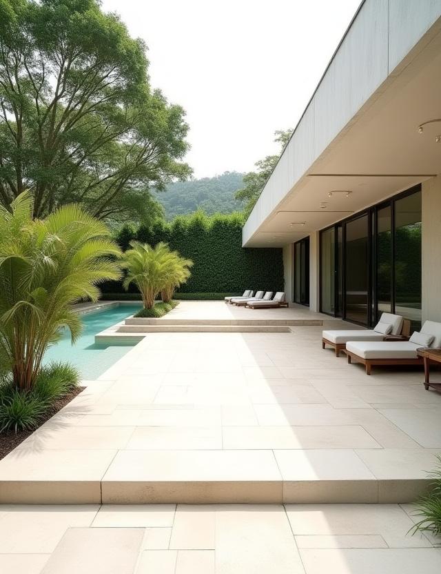Expansive hardscaping with a limestone patio at a Bukit Timah bungalow.