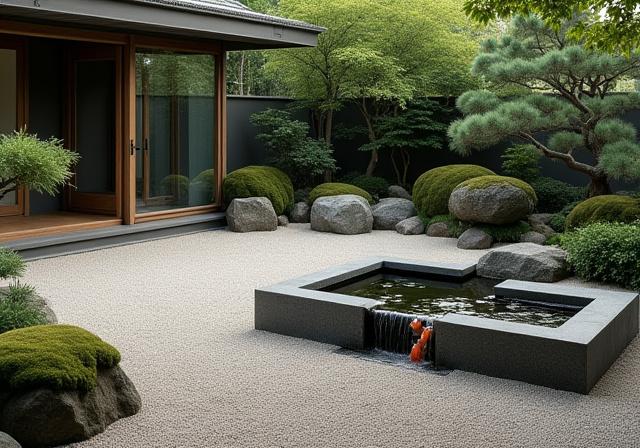 A serene zen garden with a koi pond and granite water feature in Holland Village.