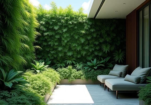 Lush urban garden at a Sentosa Cove residence with a vertical plant wall.