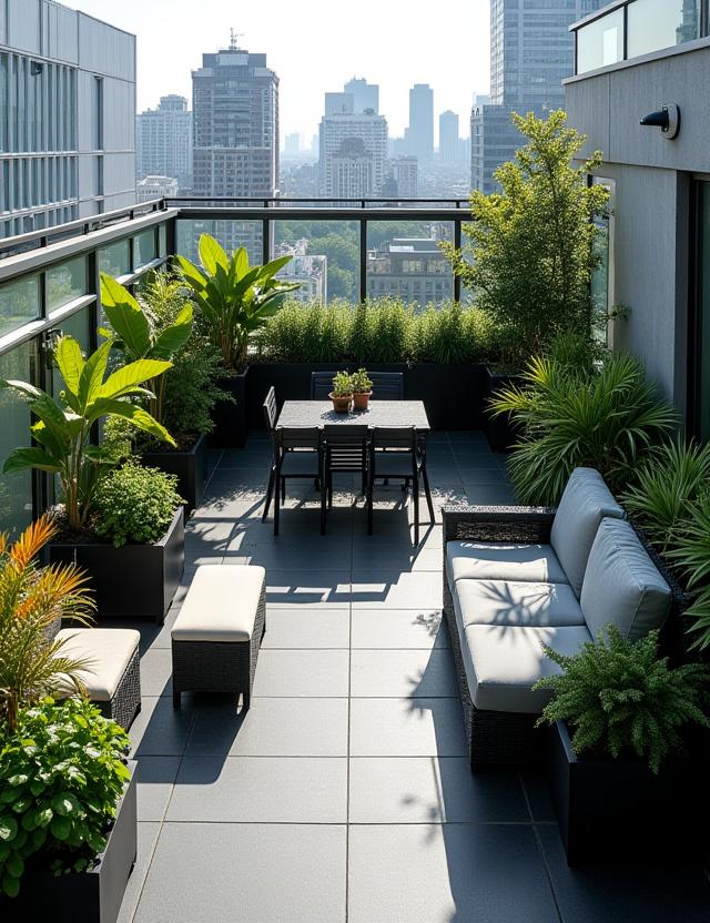Modern rooftop terrace with slate flooring and integrated seating.