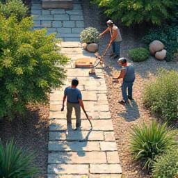 Illustration of artisans installing a stone path.